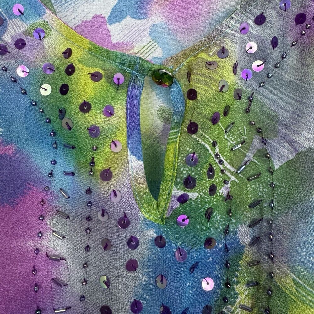 Vintage 90s Y2K Fairy Sheer Beaded Sequin Floral Multicolor Blouse M Drop Waist - Picture 4 of 8